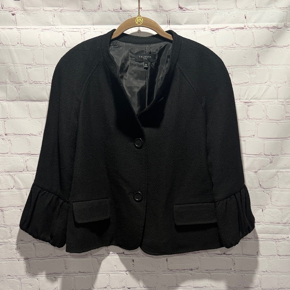 Talbots Women's Black Wool Blend Ruffle Sleeve Blazer Size Womans Size 14 Petite